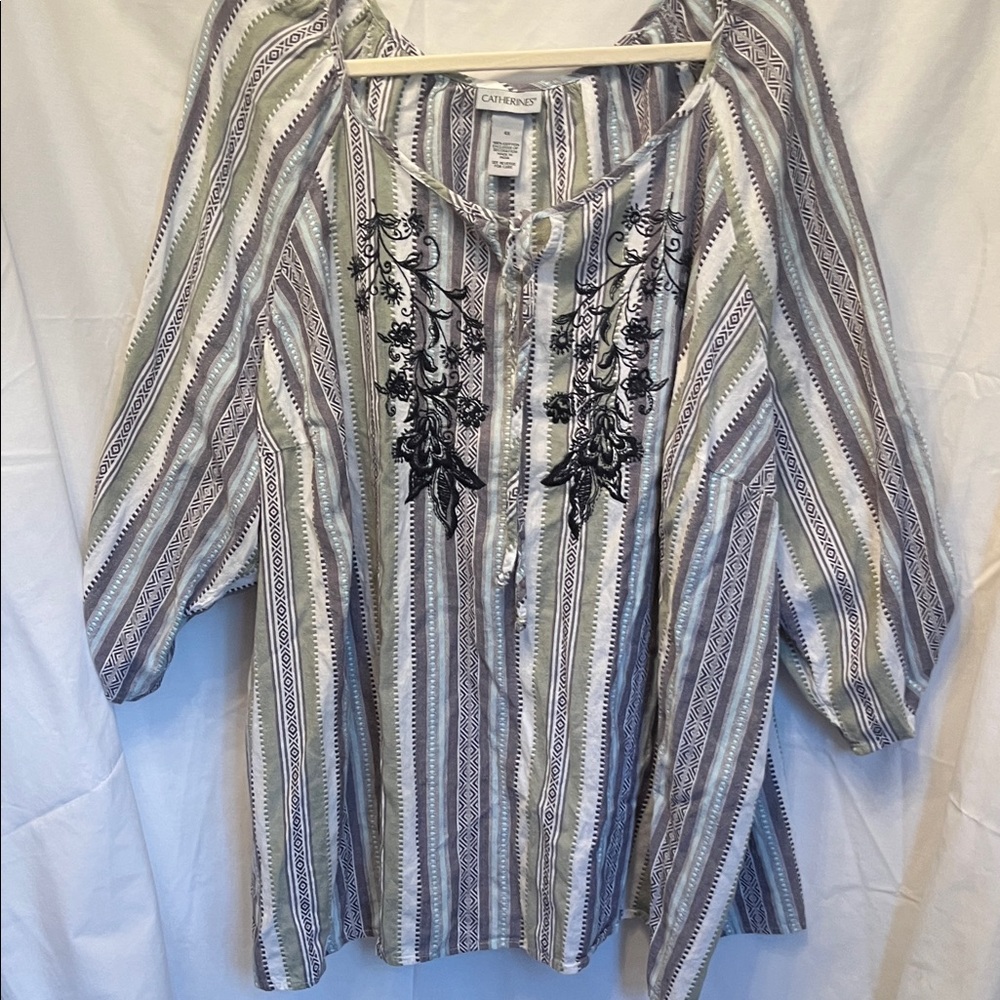 Catherines Striped Peasant top grey sage blue black white with Black Embroidery